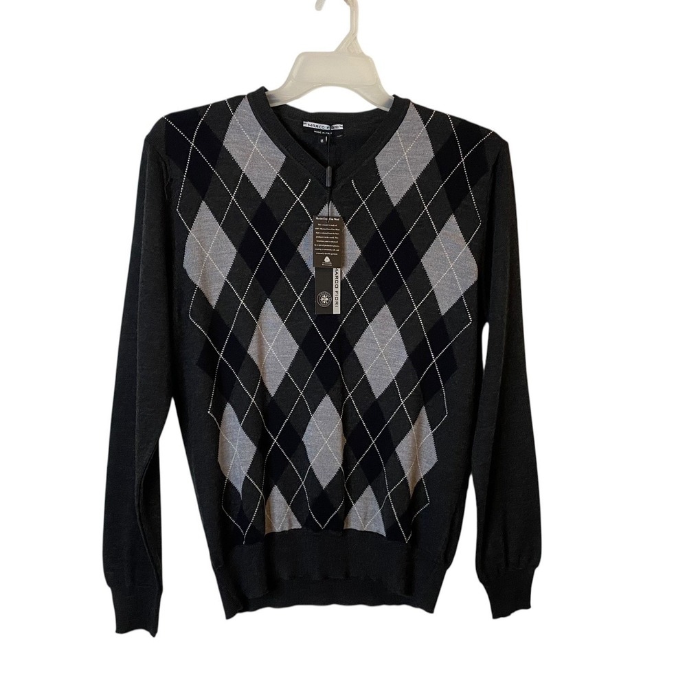 Marco Fiori Men Charcoal Gray Argyle V-Neck Sweater Extra Fine Merino Wool Italy